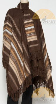 Long Alpaca Striped Poncho and BERET SET with Fringe - Woven - Brown Multi - 16863902