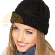 Cable Knit Fold Over Beanie Alpaca Hat - Black - 16752222