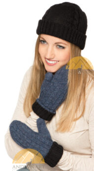 Mittens Alpaca Cable Knit - Reversible - Black and Heather Steel Blue - 16783209