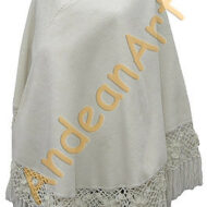 Alpaca Ruana / Cape with Hand Crocheted Flowers on Fringes - Alpaca Carrasco - Ivory - 16823501