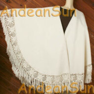 Alpaca Ruana / Cape with Hand Crocheted Flowers on Fringes - Alpaca Carrasco - Ivory - 16823501