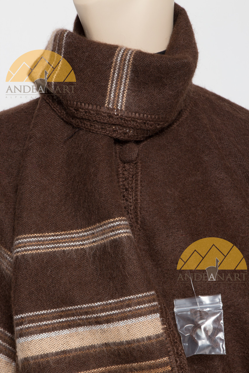 Long Alpaca Striped Poncho and BERET SET with Fringe - Woven - Brown Multi - 16863902