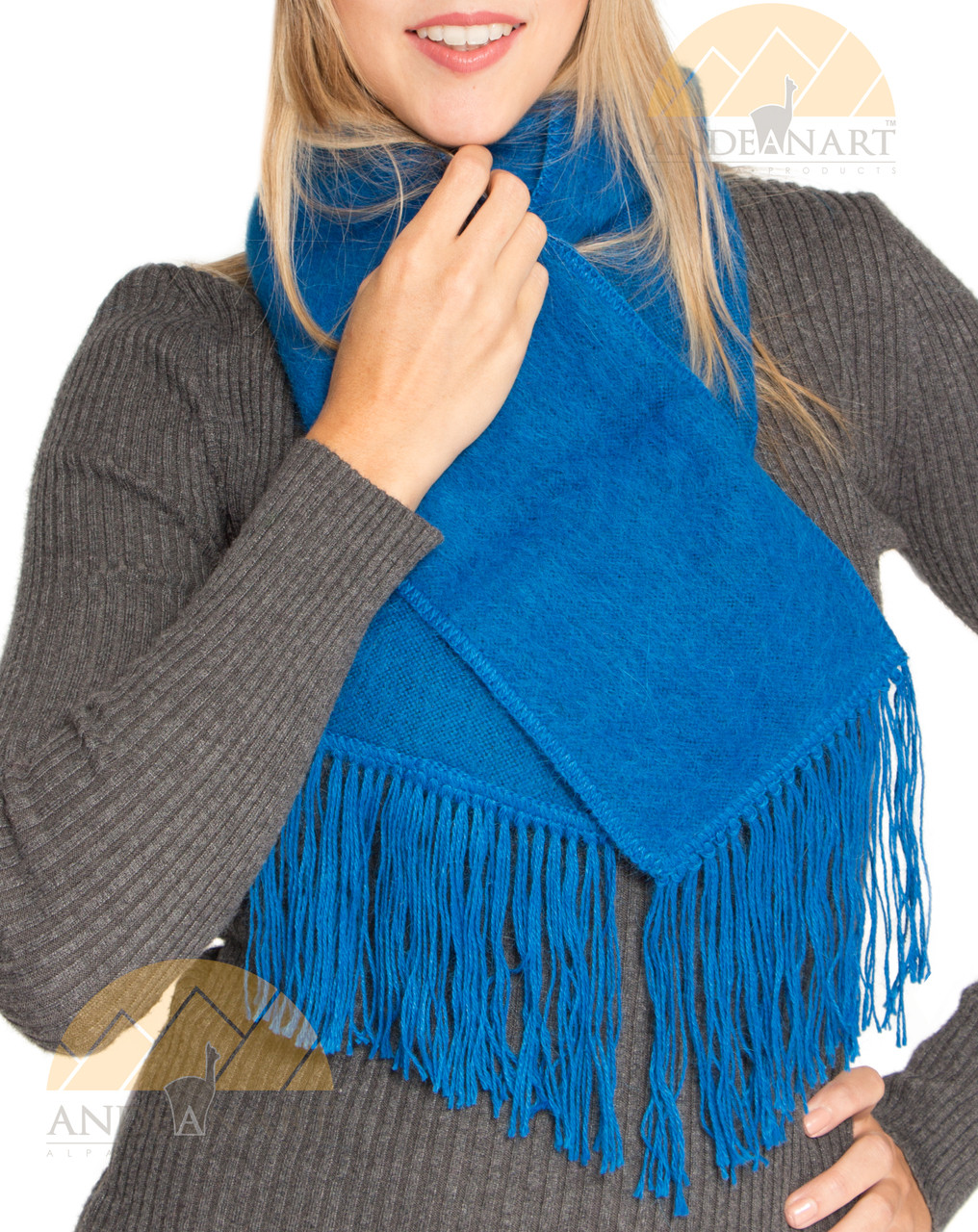 Alpaca Scarf Narrow with Hand Finish Fringe Solid Color - Alpaca Carrasco - Electric Blue - 16773555