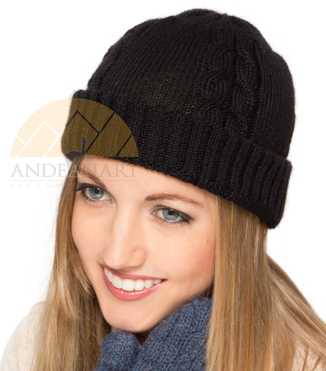 Cable Knit Fold Over Beanie Alpaca Hat - Black - 16752222