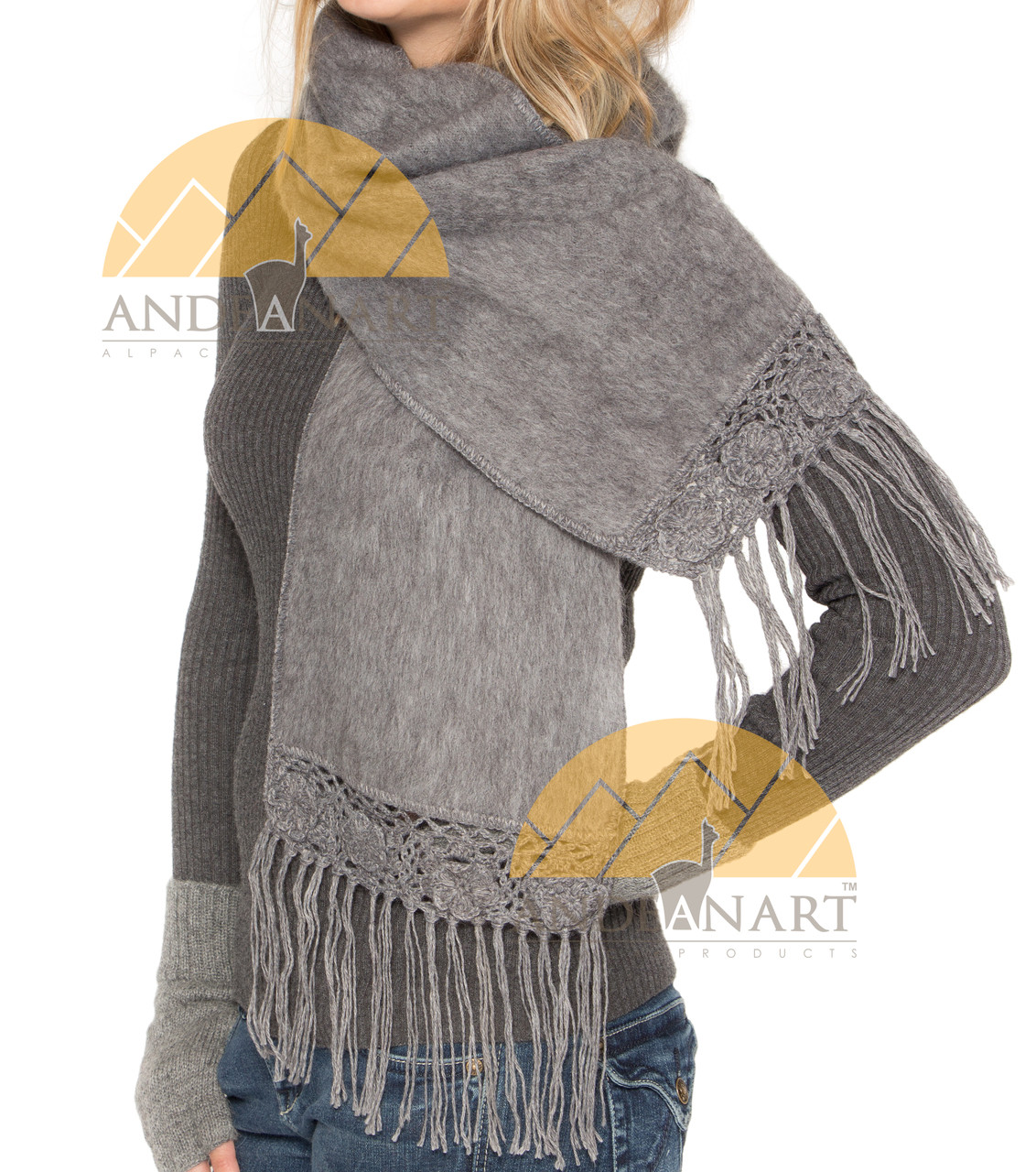 Hand Crocheted FLOWERS Alpaca Scarf - Alpaca Carrasco - Grey - 16773556 Detail 1