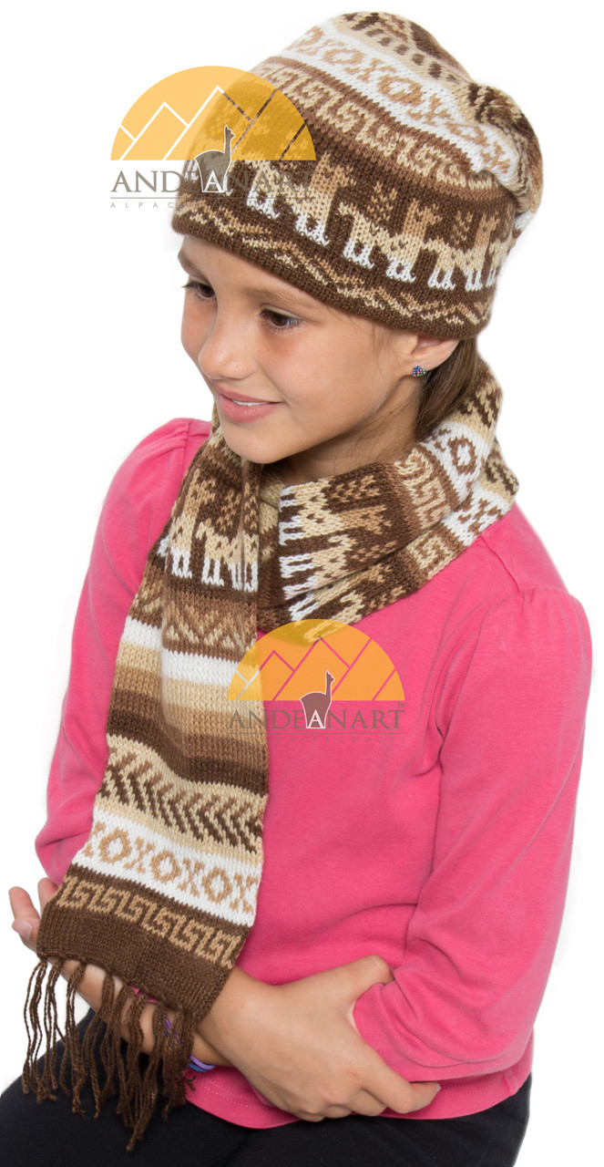All in One Alpaca Hat Scarf with Alpaca Motif - Natural Alpaca Colors - 16752219