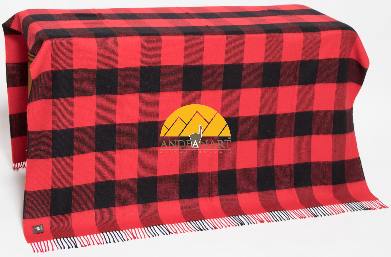 Buffalo Plaid Lap Throw Alpaca AND ACRYLIC Blend Blanket by Alpaca Carrasco - Red and Black - 16893602