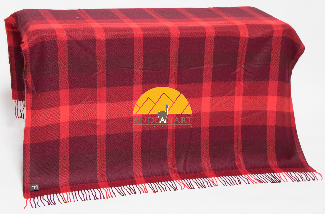 Large Plaid Pattern Alpaca Throw - Alpaca AND ACRYLIC Blend Blanket by Alpaca Carrasco - Burgundy - Flame - Dark Red - 16893610