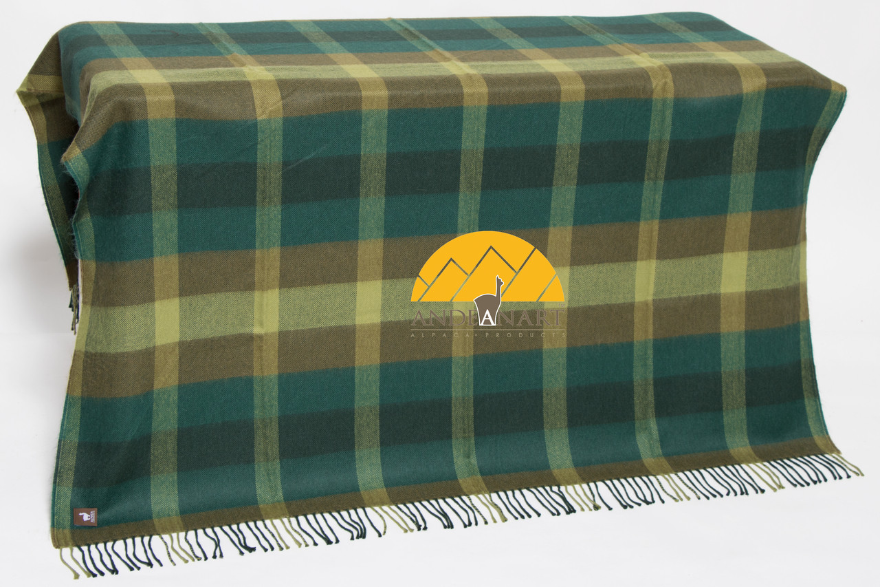 Large Plaid Pattern Alpaca Throw - Alpaca AND ACRYLIC Blend Blanket by Alpaca Carrasco - Dark Green - Olive Green - Celery - 16893610