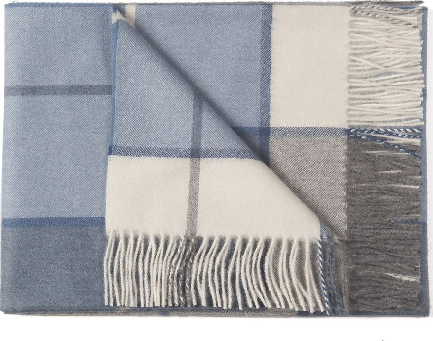 100% Baby Alpaca Plaid Throw - Blanket - AndeanSun - Blue and Ivory - 16893549
