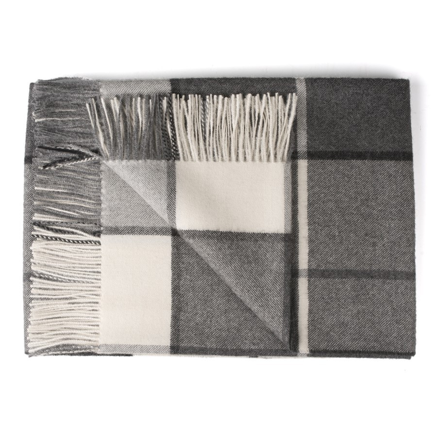 100% Baby Alpaca Plaid Throw - Blanket - AndeanSun - Grey and Ivory - 16893549