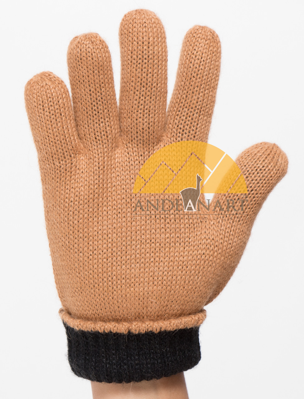 REVERSIBLE Classic Jersey Knit Blend Alpaca Gloves Made with 50% Alpaca Yarn by AndeanSun - Black and Camel - 16783226