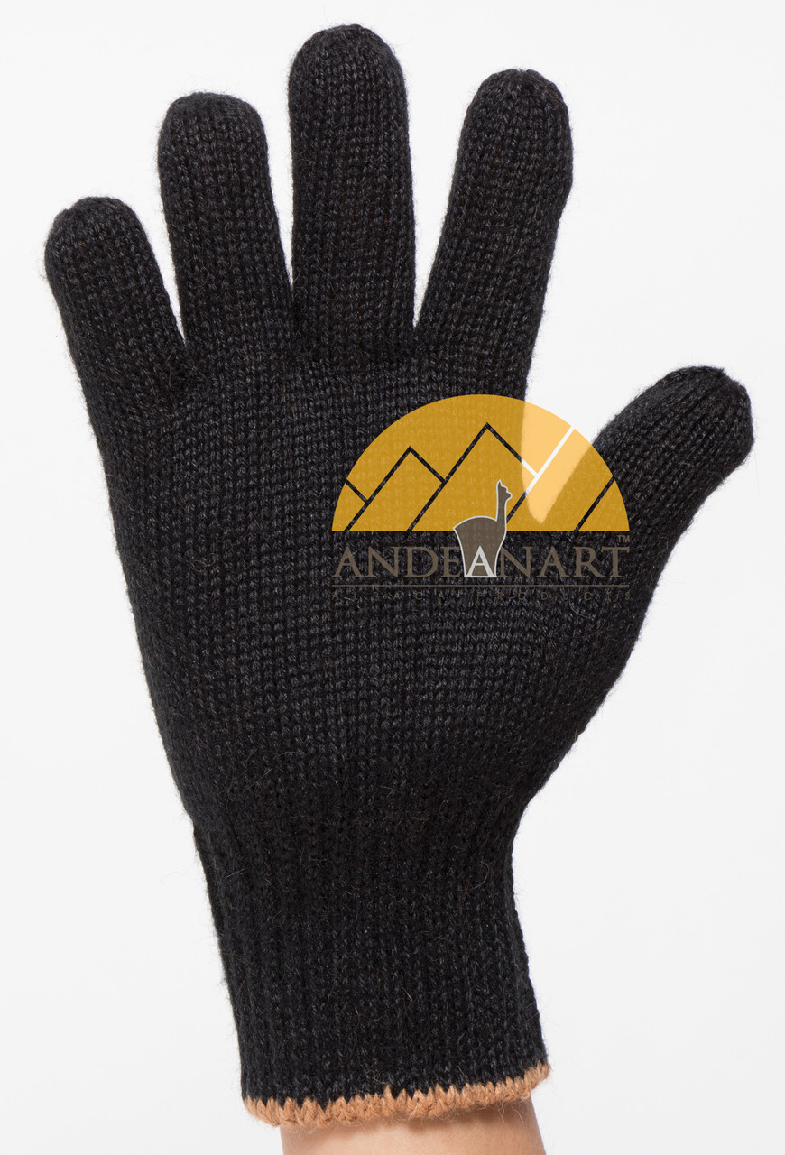 REVERSIBLE Classic Jersey Knit Blend Alpaca Gloves Made with 50% Alpaca Yarn by AndeanSun - Black and Camel - 16783226