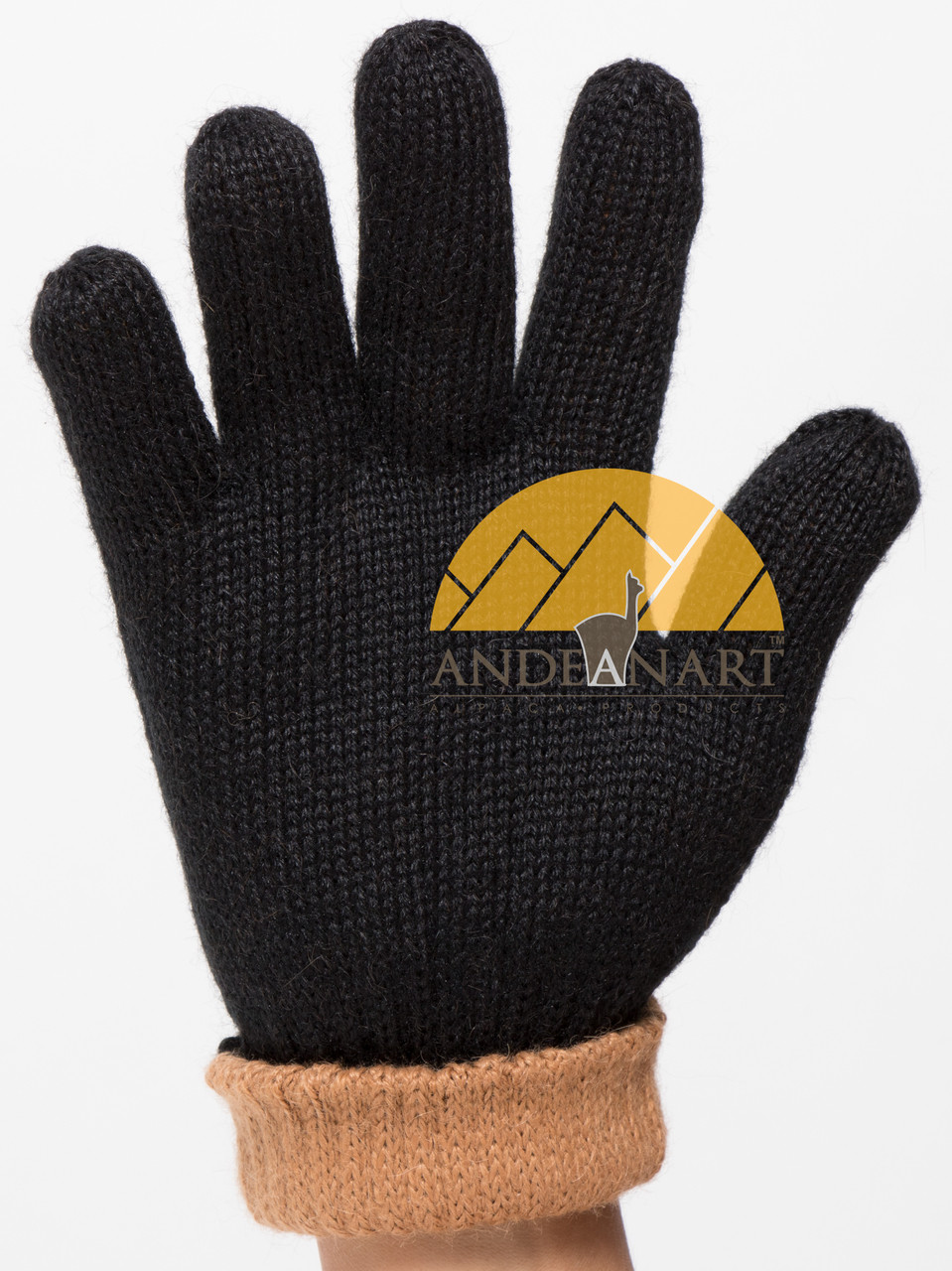 REVERSIBLE Classic Jersey Knit Blend Alpaca Gloves Made with 50% Alpaca Yarn by AndeanSun - Black and Camel - 16783226