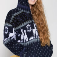 Alpaca Motif Heavyweight Full-Zip Hoodie Jacket - FAUX Alpaca - Navy Blue - 16264001