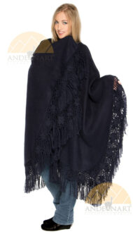 Alpaca Ruana / Cape with Hand Crocheted Flowers on Fringes - Alpaca Carrasco - Navy Blue - 16823501