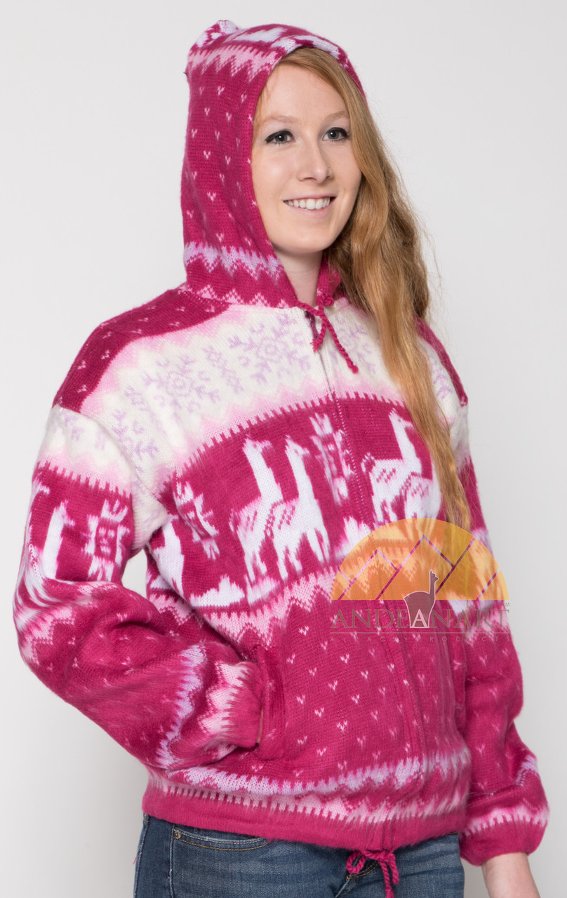 Alpaca Motif Heavyweight Full-Zip Hoodie Jacket - FAUX Alpaca - Fuchsia - 16264001