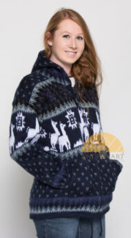 Alpaca Motif Heavyweight Full-Zip Hoodie Jacket - FAUX Alpaca - Navy Blue - 16264001