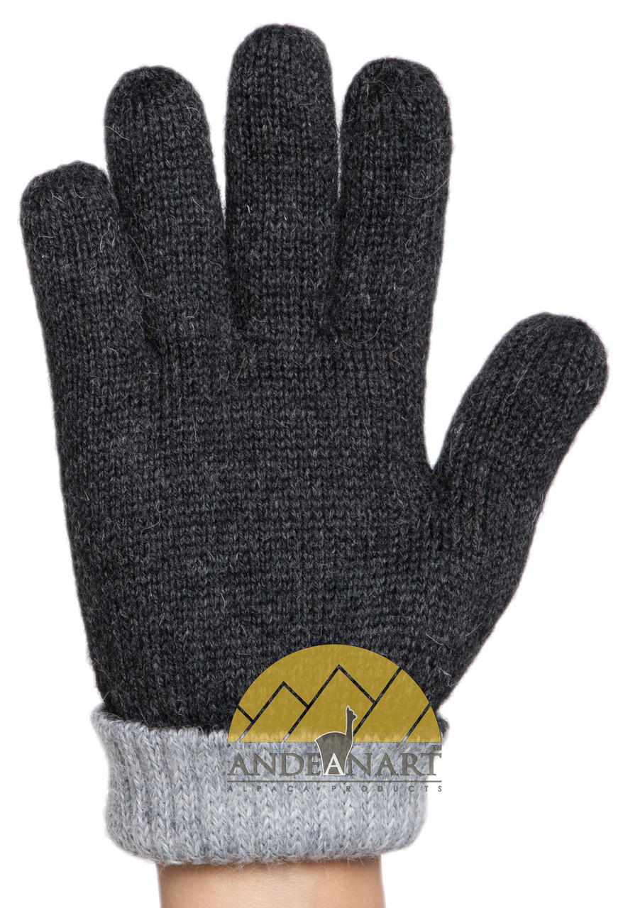 REVERSIBLE Classic Jersey Knit Blend Alpaca Gloves Made with 50% Alpaca Yarn by AndeanSun - Charcoal and Light Grey - 16783226