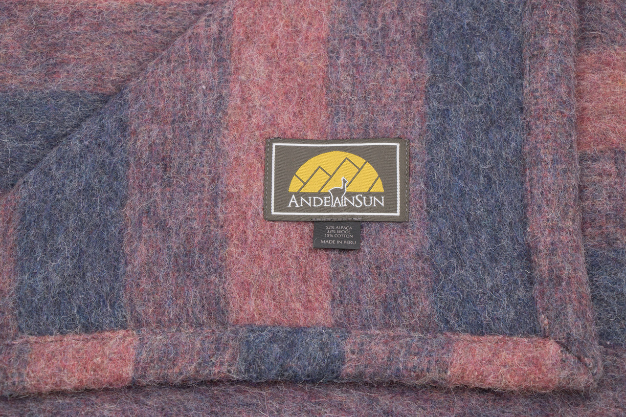 Alpaca QUEEN Striped Blanket Heavy Weight 6.10 lbs AndeanSun - Heather steel blue gray and Heather Red - 16893553