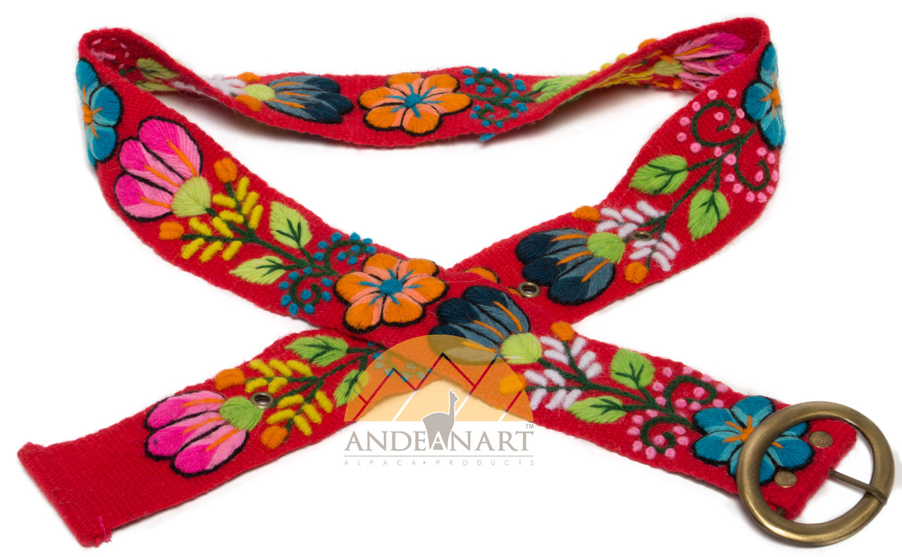 Hand Embroidered Wool Belt - Flowers by AndeanArt - US Stock