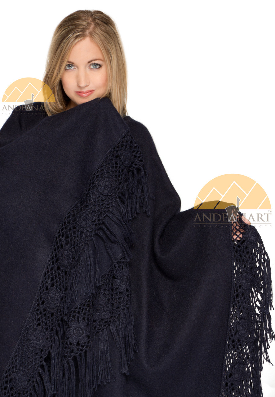 Alpaca Ruana / Cape with Hand Crocheted Flowers on Fringes - Alpaca Carrasco - MTO (Made to Order - PRE-ORDER) Ships from Peru or US Warehouse