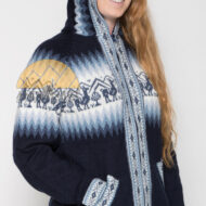 Alpaca Motif Hoodie Zip-Up Cardigan - Alpaca Sweater - Navy Blue - 16261711