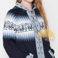 Alpaca Motif Hoodie Zip-Up Cardigan - Alpaca Sweater - Navy Blue - 16261711