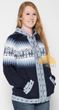 Alpaca Motif Hoodie Zip-Up Cardigan - Alpaca Sweater - Navy Blue - 16261711