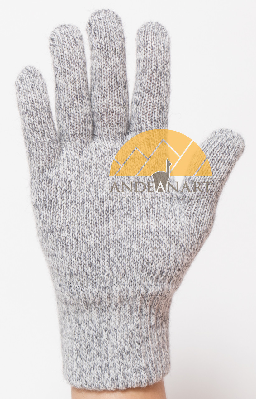 Classic Blend Alpaca Gloves made with 50% Alpaca Yarn by AndeanSun - Light Grey and White Marled Large - 16783805